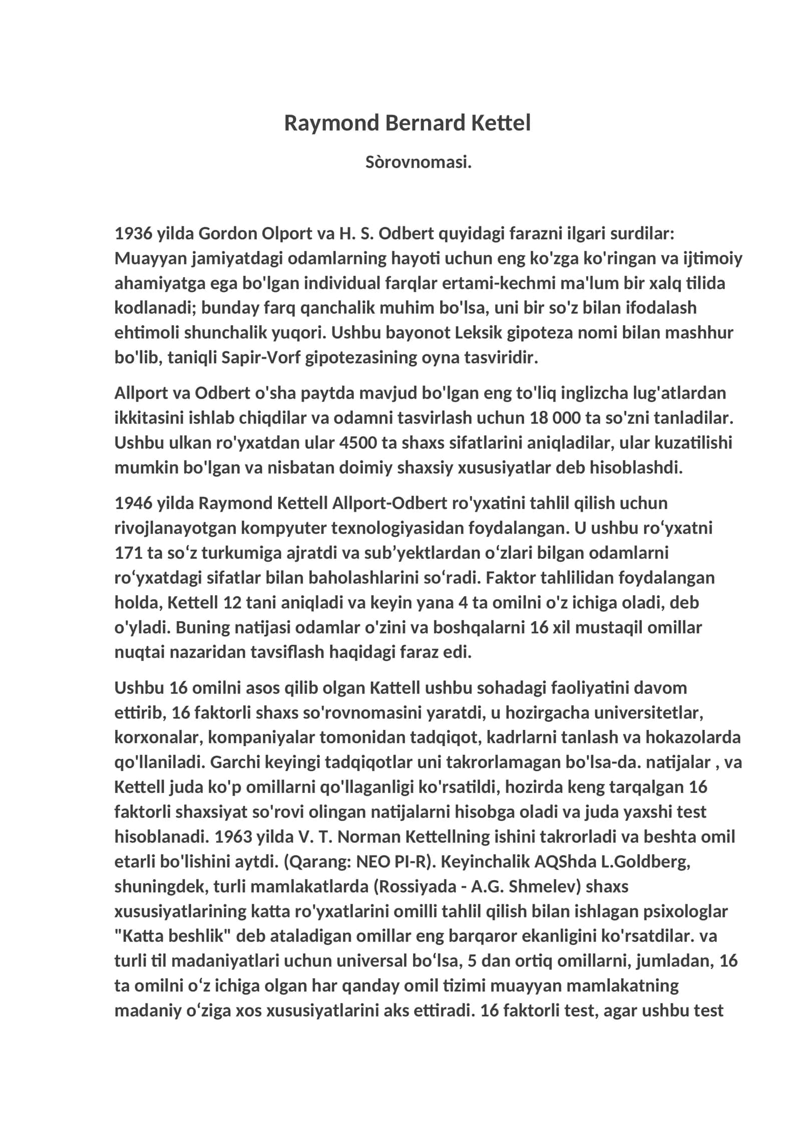 Raymond Bernard Kettel Sòrovnomasi 1