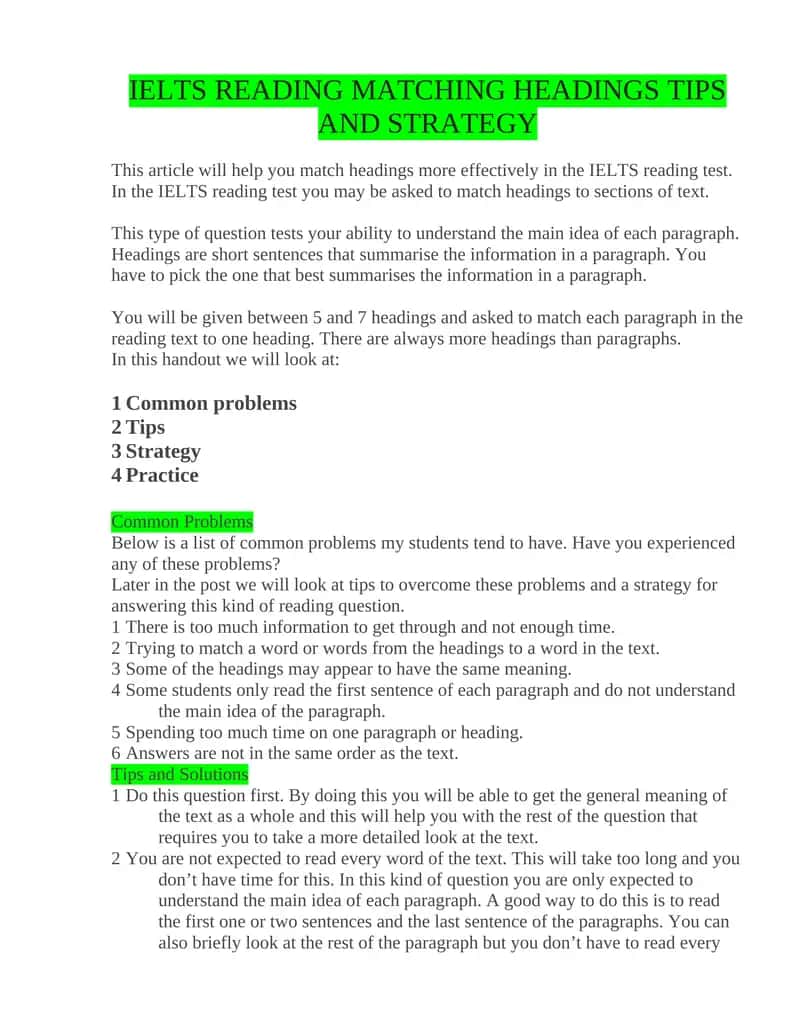 IELTS READING MATCHING HEADINGS TIPS AND STRATEGY 1