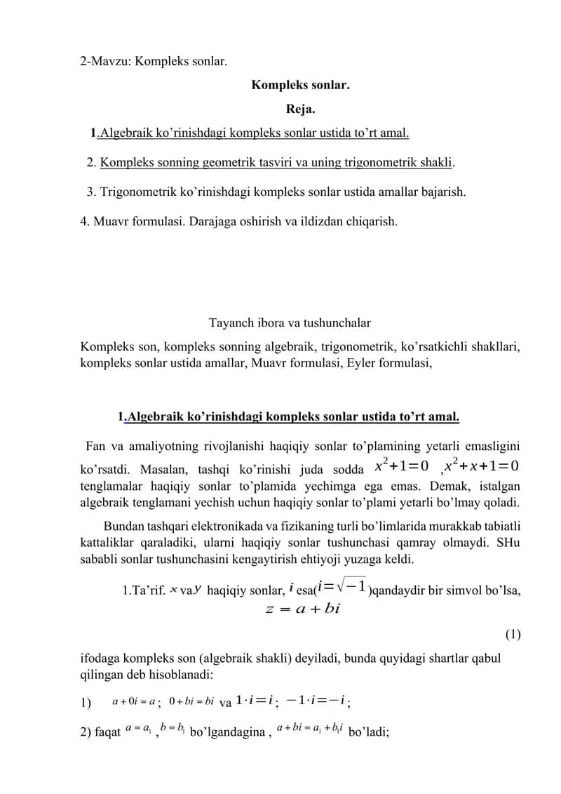 Kompleks sonlar. 1