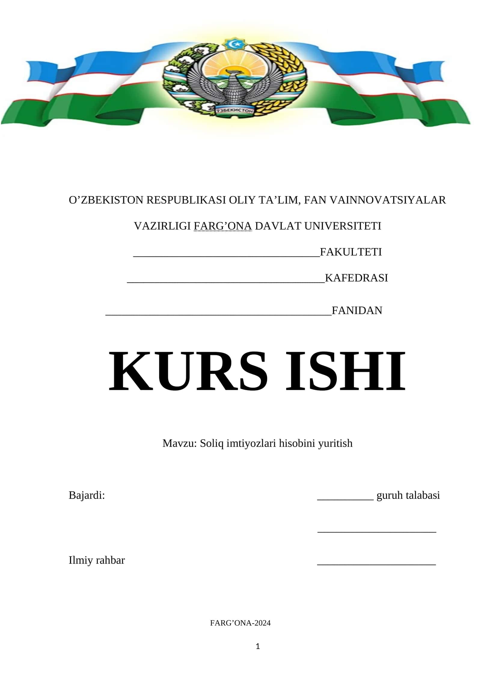 Soliq imtiyozlari hisobini yuritish kurs ishi 1