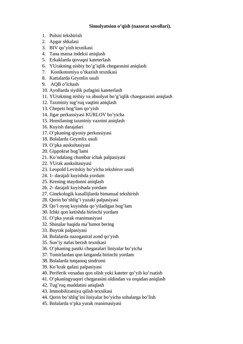 Simulyatsion o’qish (nazorat savollari) 1