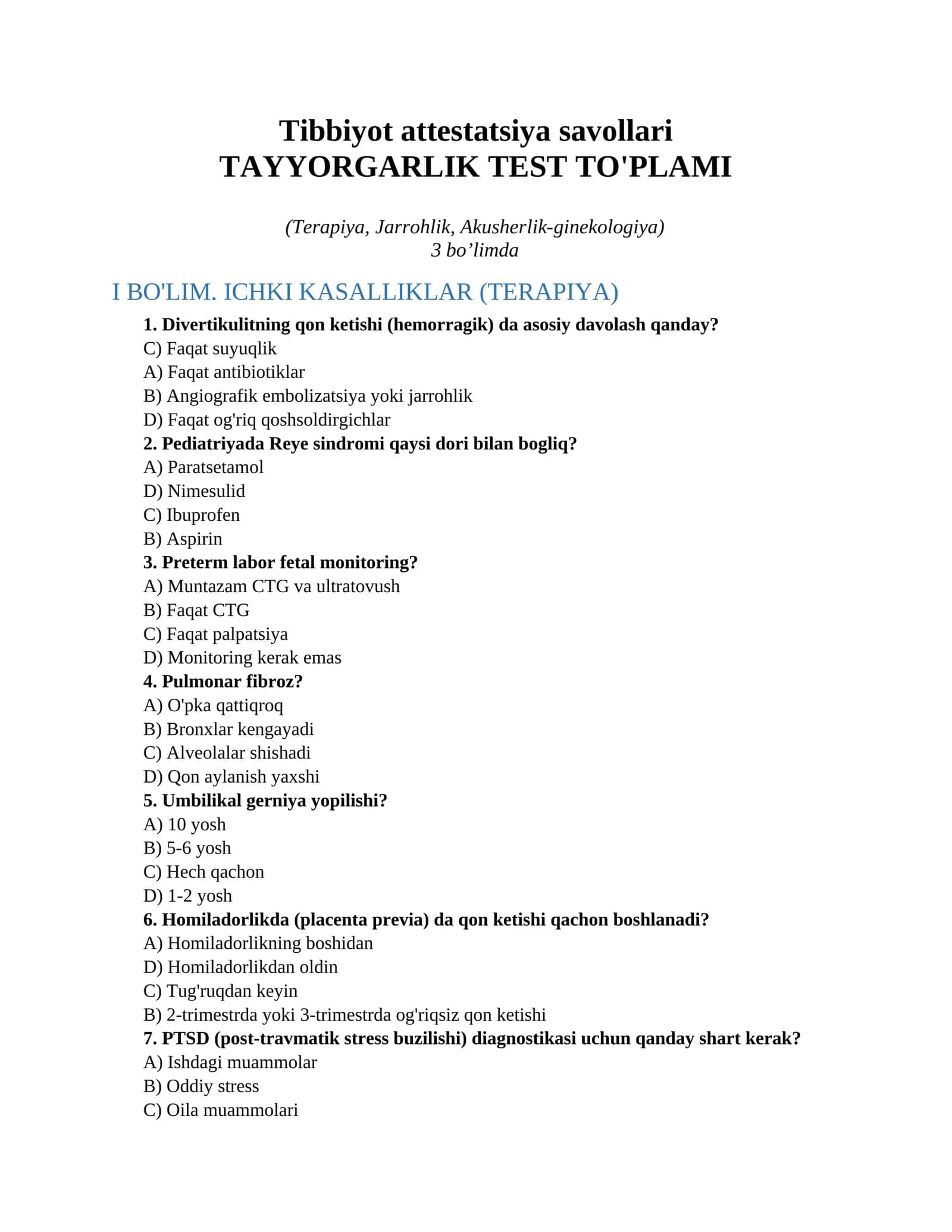 Tibbiyot attestatsiya savollari 1