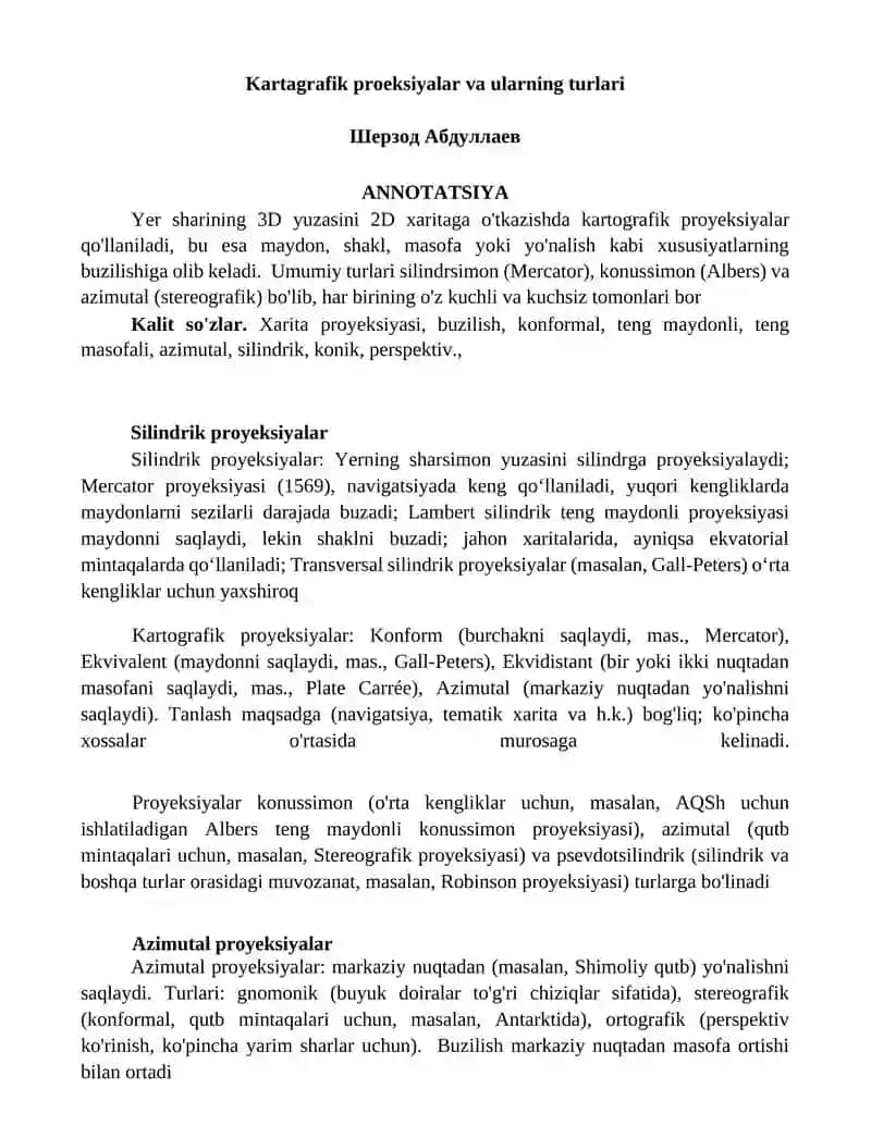 Kartografik proeksiyalar va ularning turlari