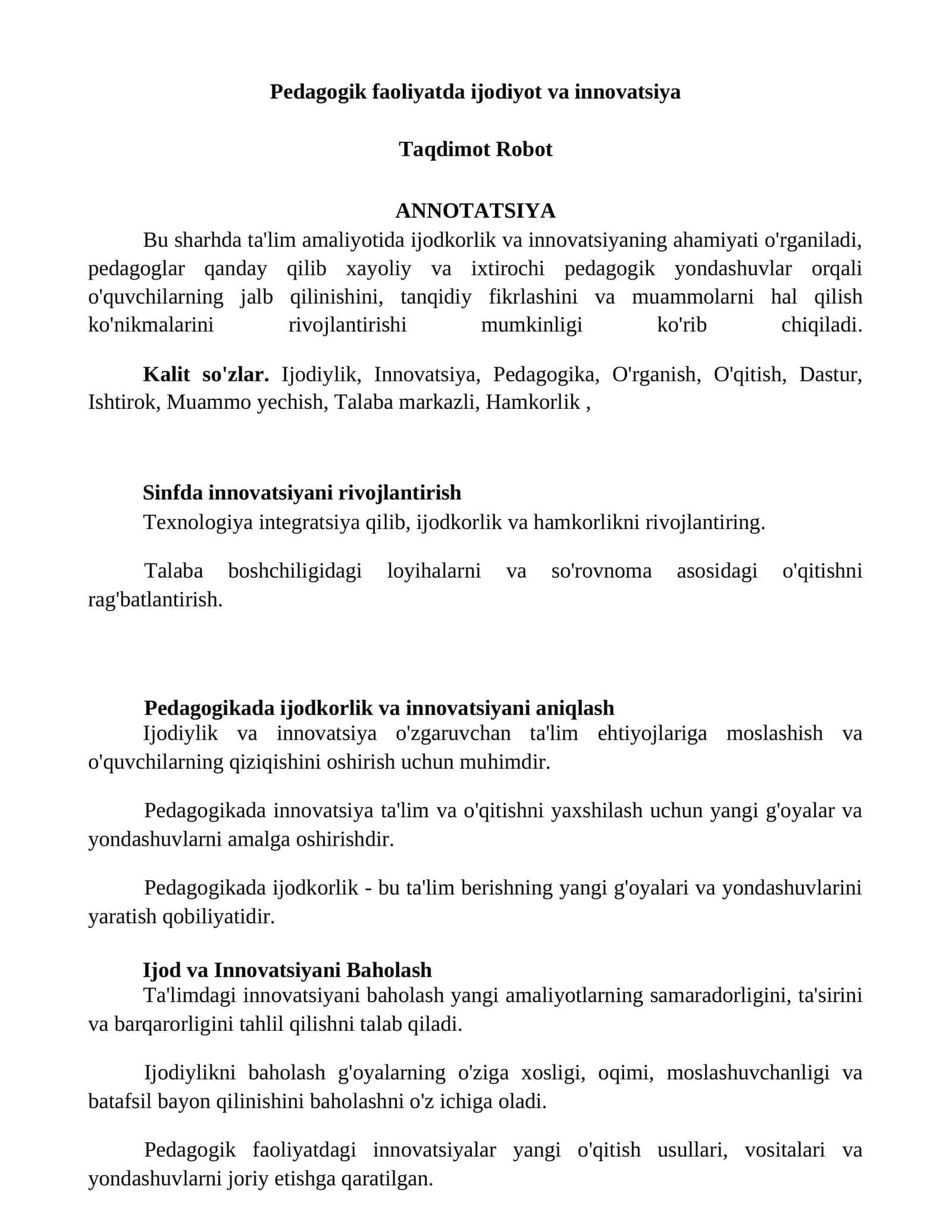 Pedagogik faoliyatda ijodiyot va innovatsiya 1