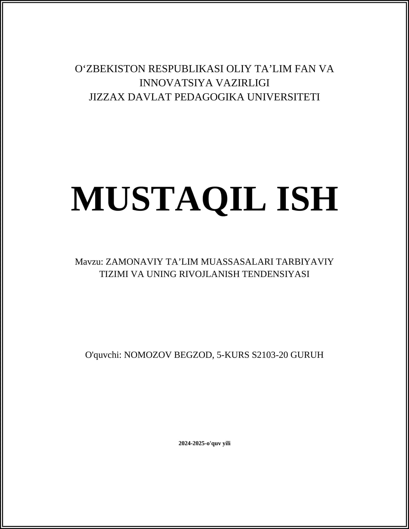 ZAMONAVIY TAʼLIM MUASSASALARI TARBIYAVIY TIZIMI VA UNING RIVOJLANISH TENDENSIYASI 1