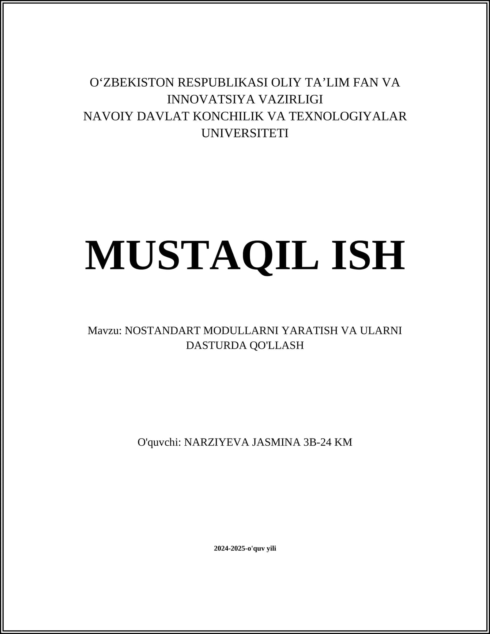 NOSTANDART MODULLARNI YARATISH VA ULARNI DASTURDA QO'LLASH 1