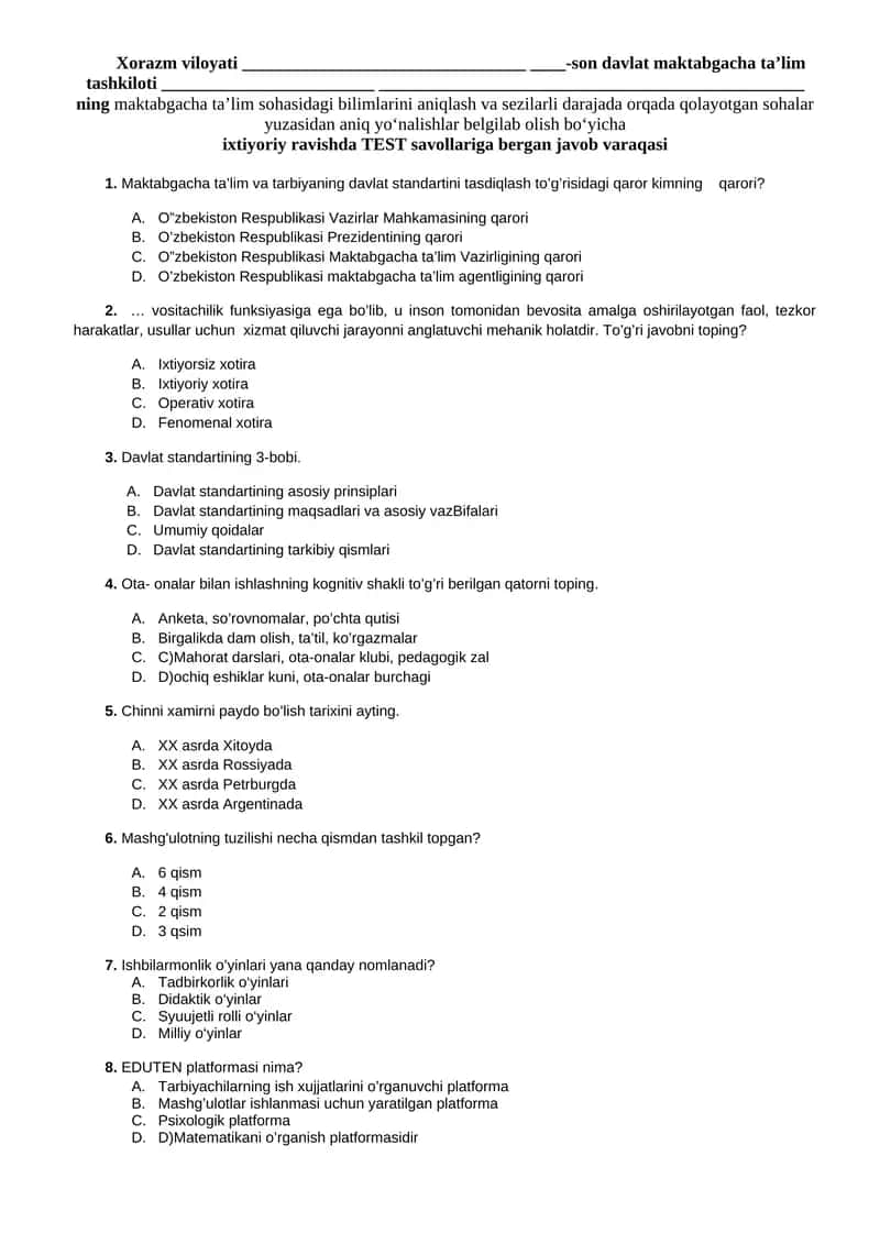 Davlat standartiga muvofiq test savollari 1