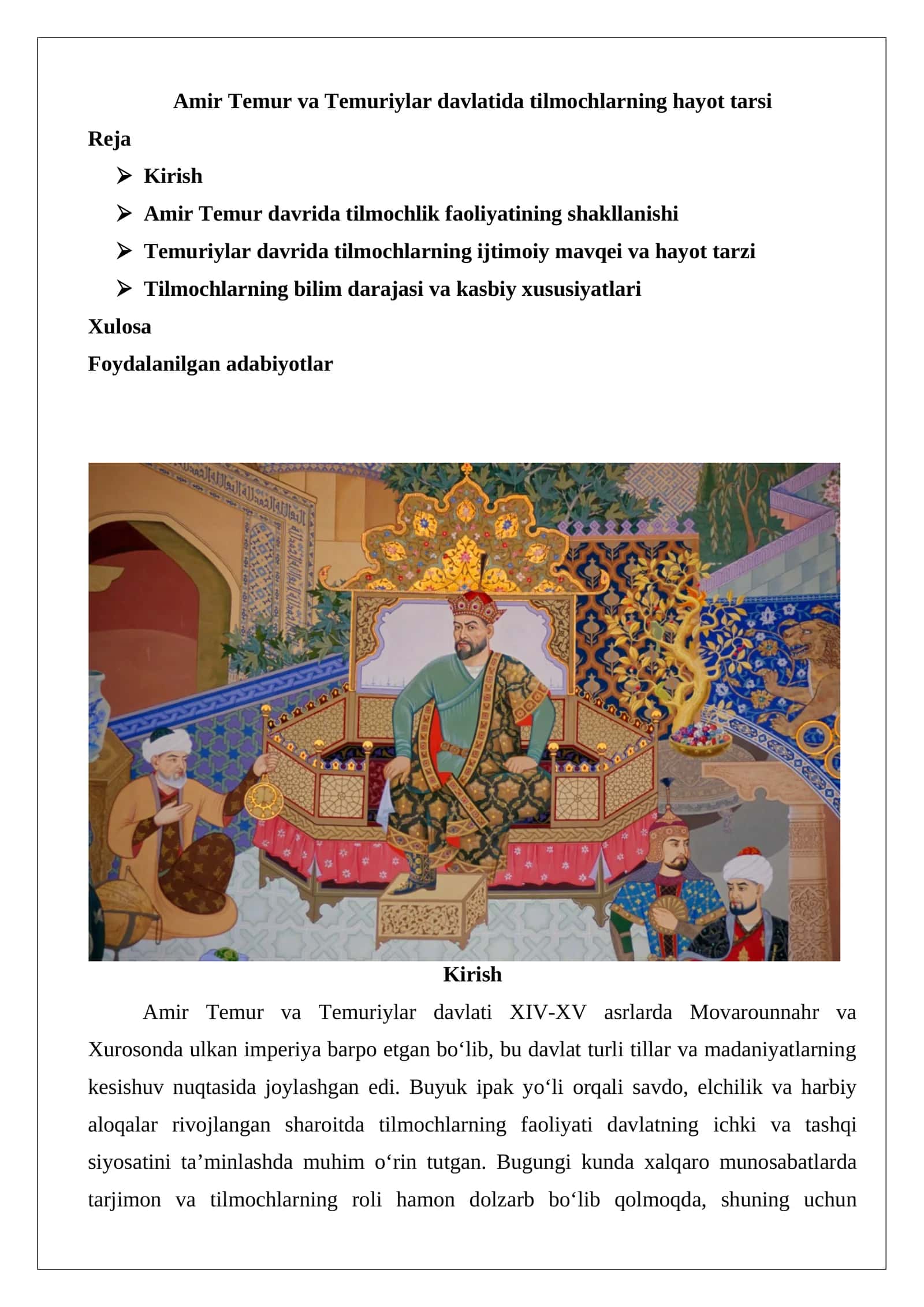 Amir Temur va Temuriylar davlatida tilmochlarning hayot tarsi 1