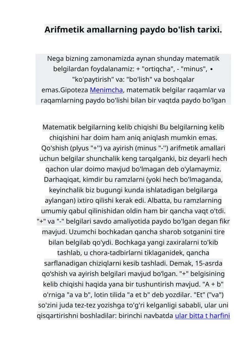 Arifmetik amallarning paydo bo'lish tarixi 1