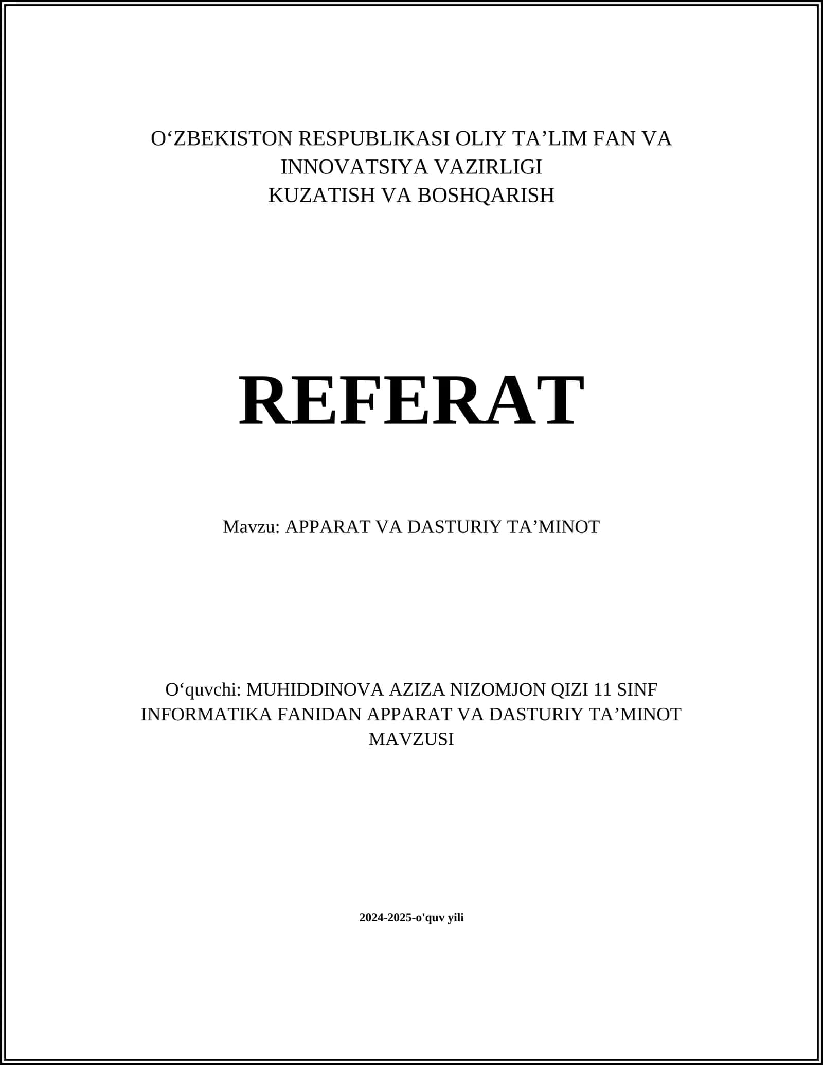 APPARAT VA DASTURIY TAʼMINOT 1