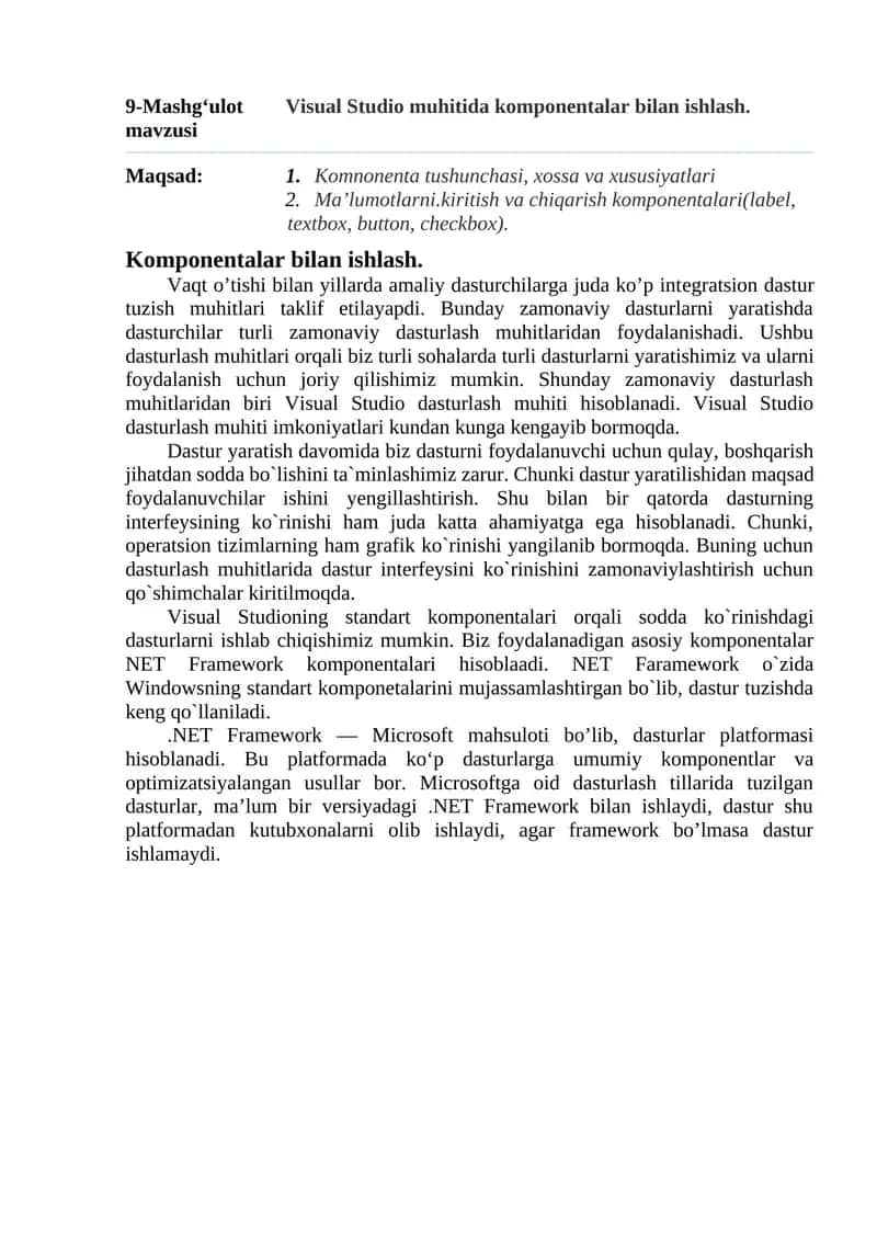 Visual Studio muhitida komponentalar bilan ishlash. 1