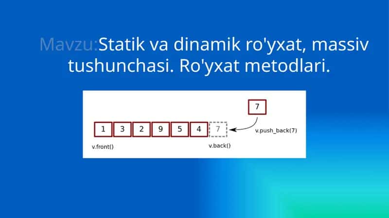 Statik va dinamik ro'yxat, massiv tushunchasi. Ro'yxat metodlari. 1