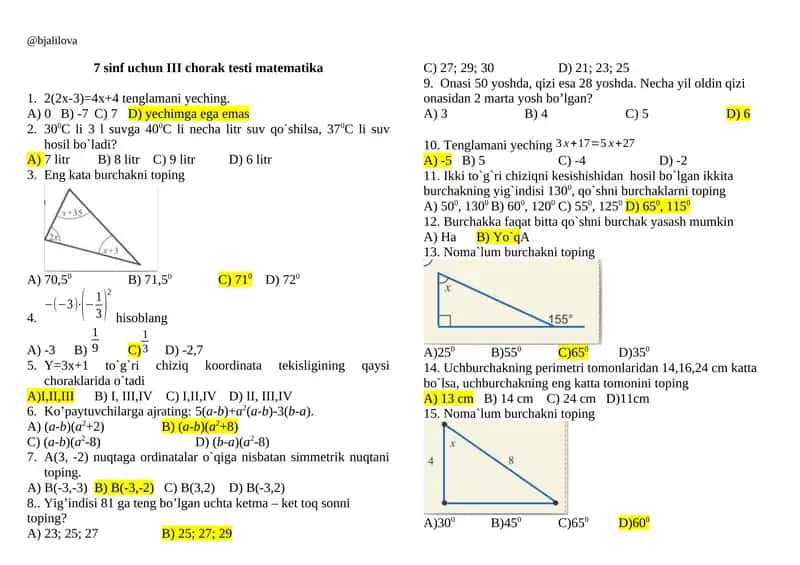 7 sinf uchun III chorak testi matematika 1