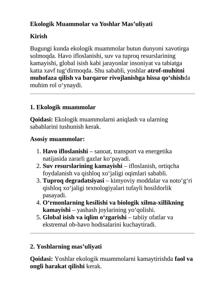 Ekologik Muammolar va Yoshlar Mas’uliyati 1