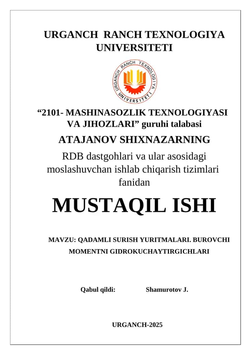 QADAMLI SURISH YURITMALARI. BUROVCHI MOMENTNI GIDROKUCHAYTIRGICHLARI 1