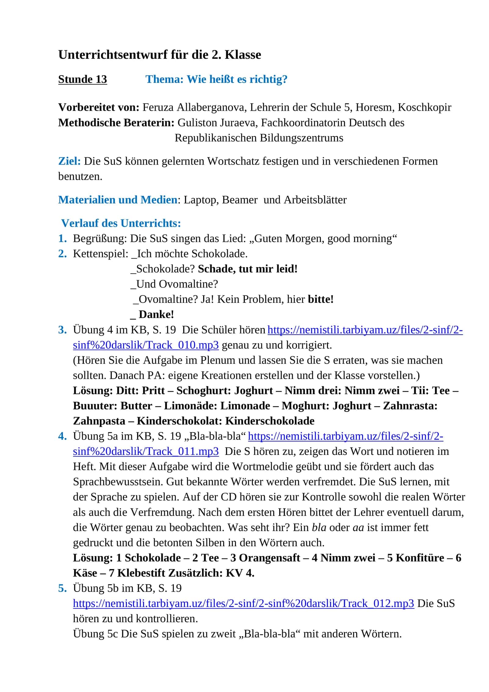 Unterrichtsentwurf für die 2. Klasse 1