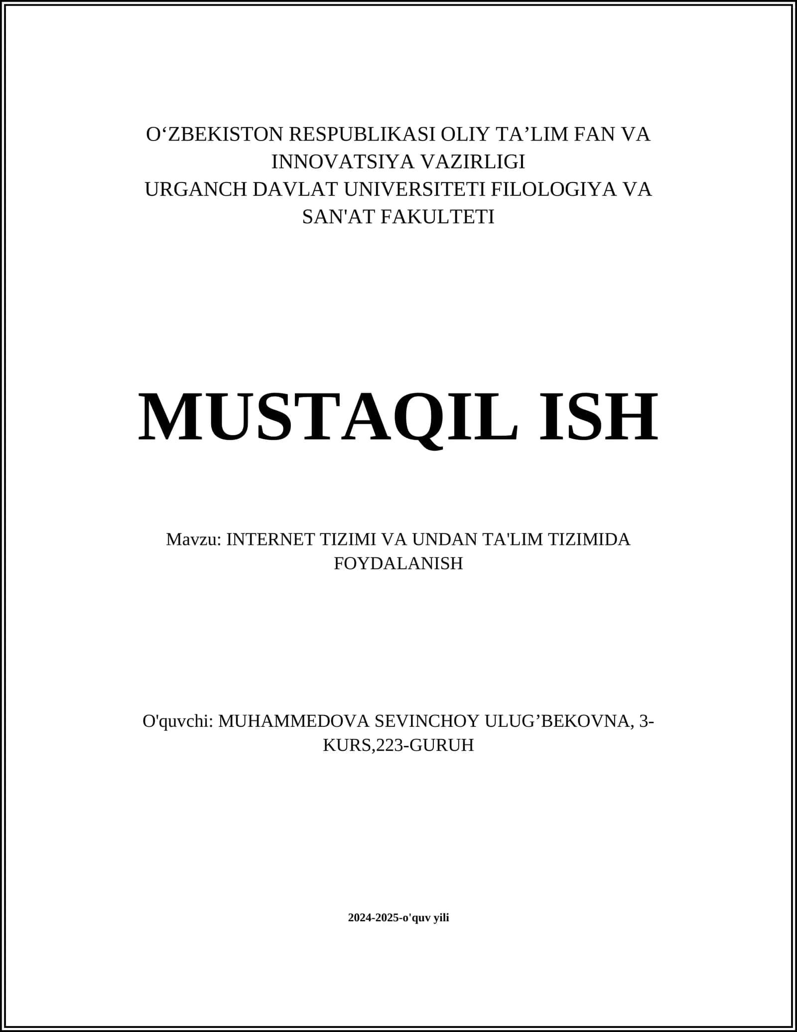 INTERNET TIZIMI VA UNDAN TA'LIM TIZIMIDA FOYDALANISH 1