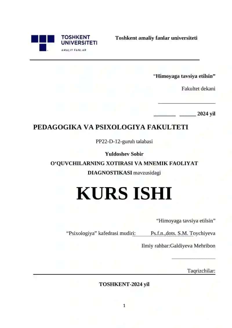 O‘QUVCHILARNING XOTIRASI VA MNEMIK FAOLIYAT DIAGNOSTIKASI
