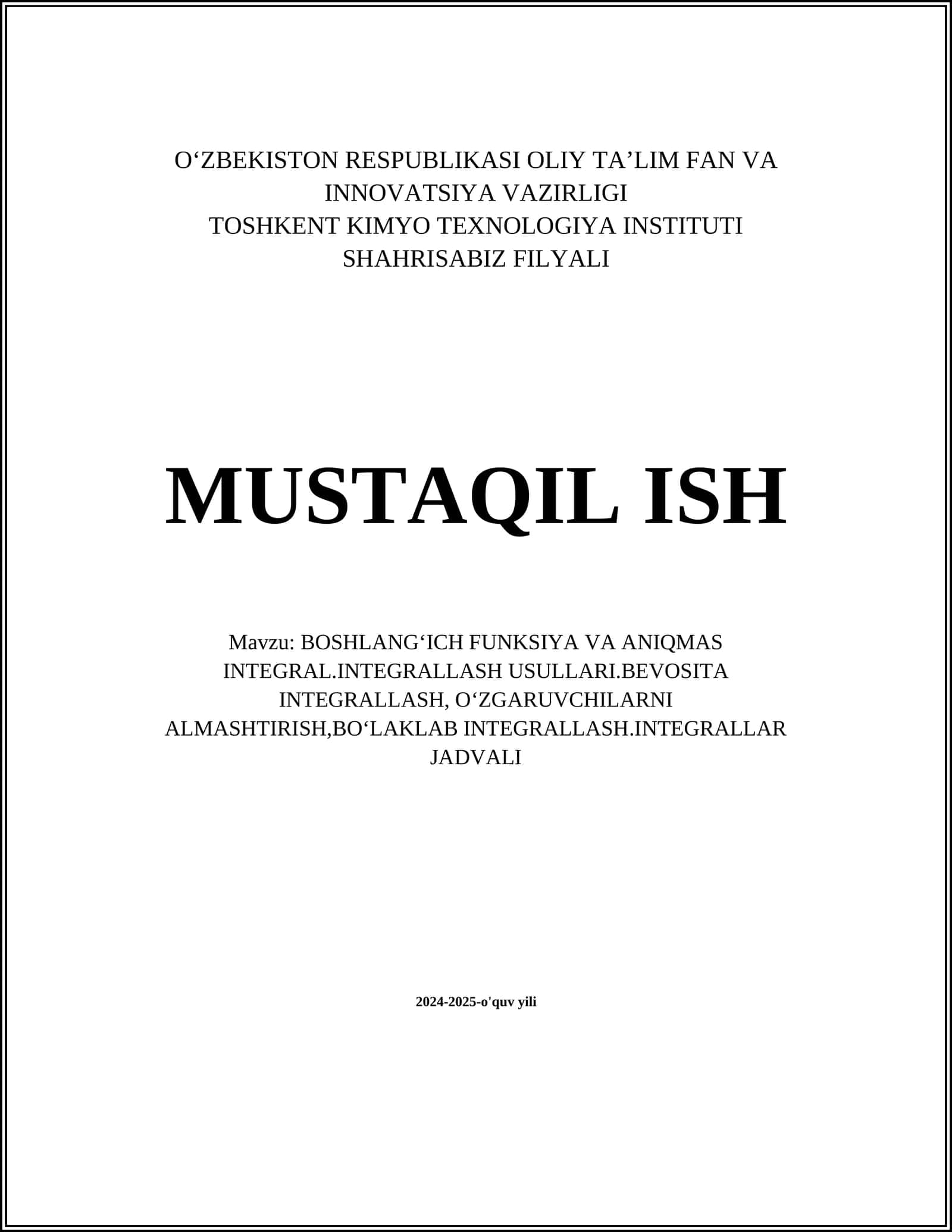 Boshlang'ich funksiya va aniqmas integral 1