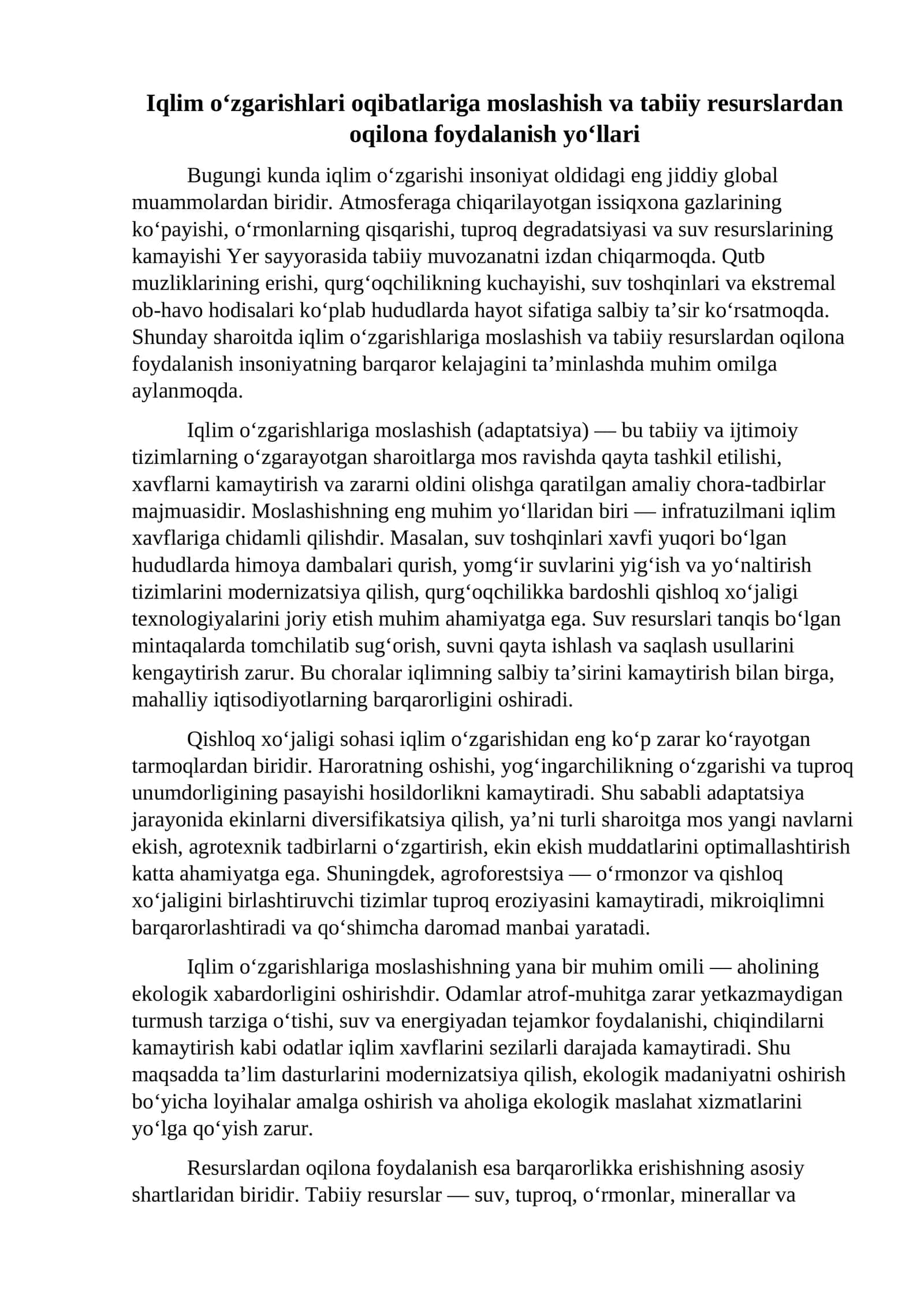 Iqlim o‘zgarishlari oqibatlariga moslashish va tabiiy resurslardan oqilona foydalanish yo‘llari 1