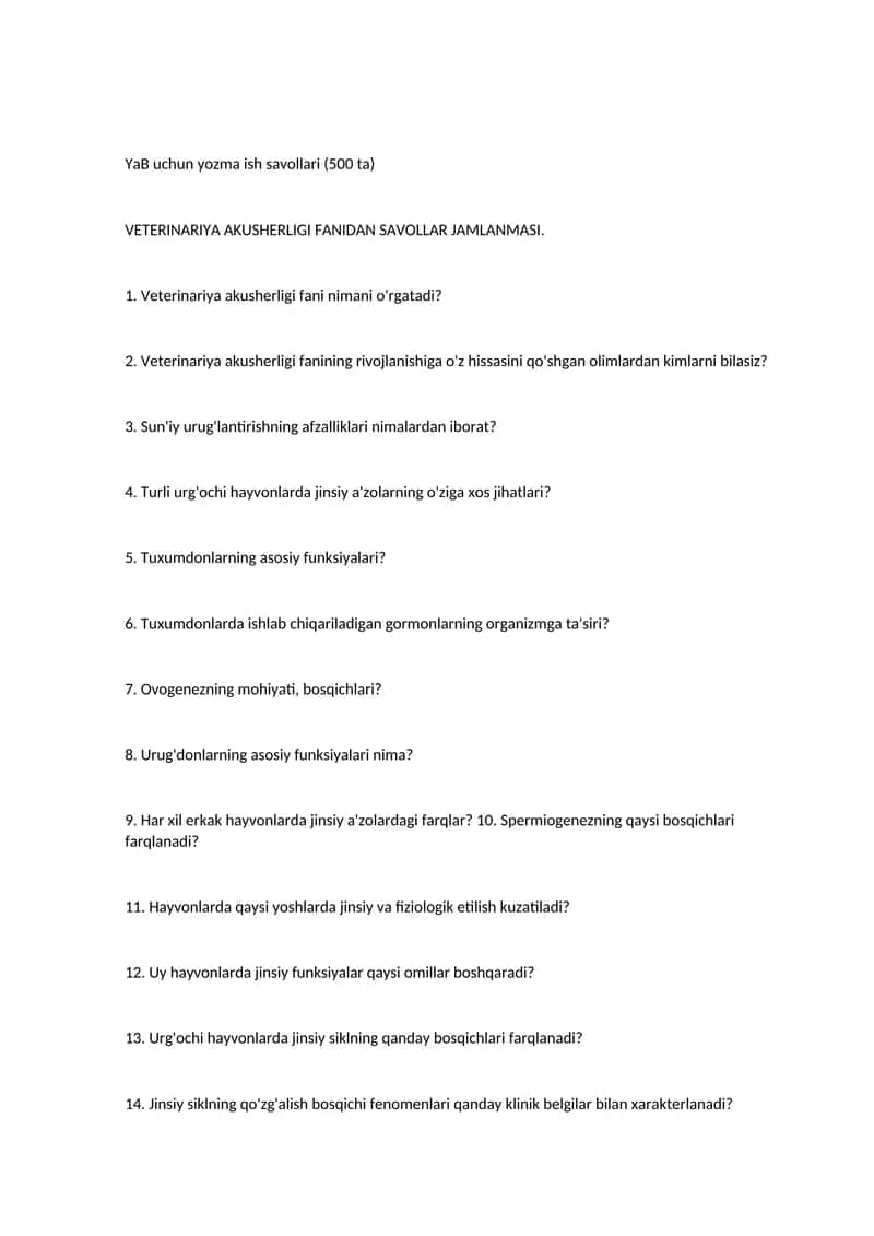 Veterinariya akusherligi fanidagi savollar 1