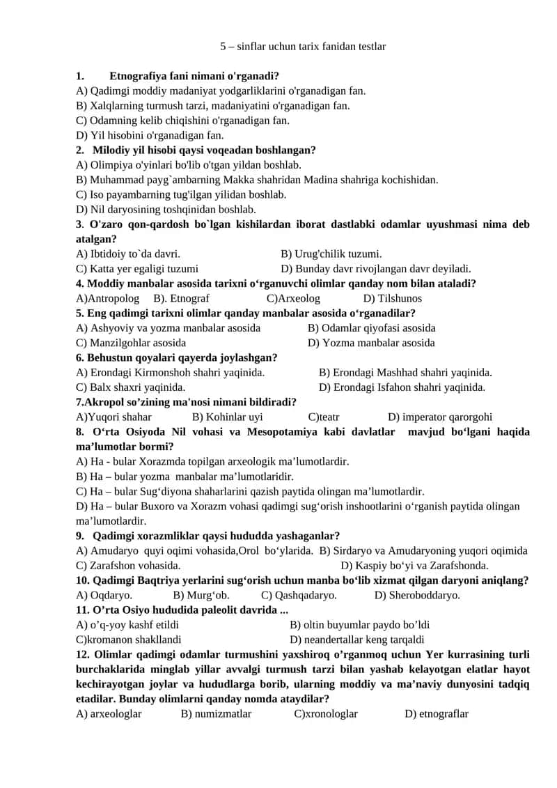 5 – sinflar uchun tarix fanidan testlar 1