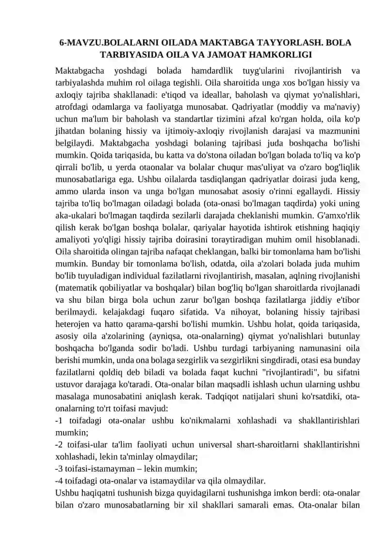 BOLALARNI OILADA MAKTABGA TAYYORLASH