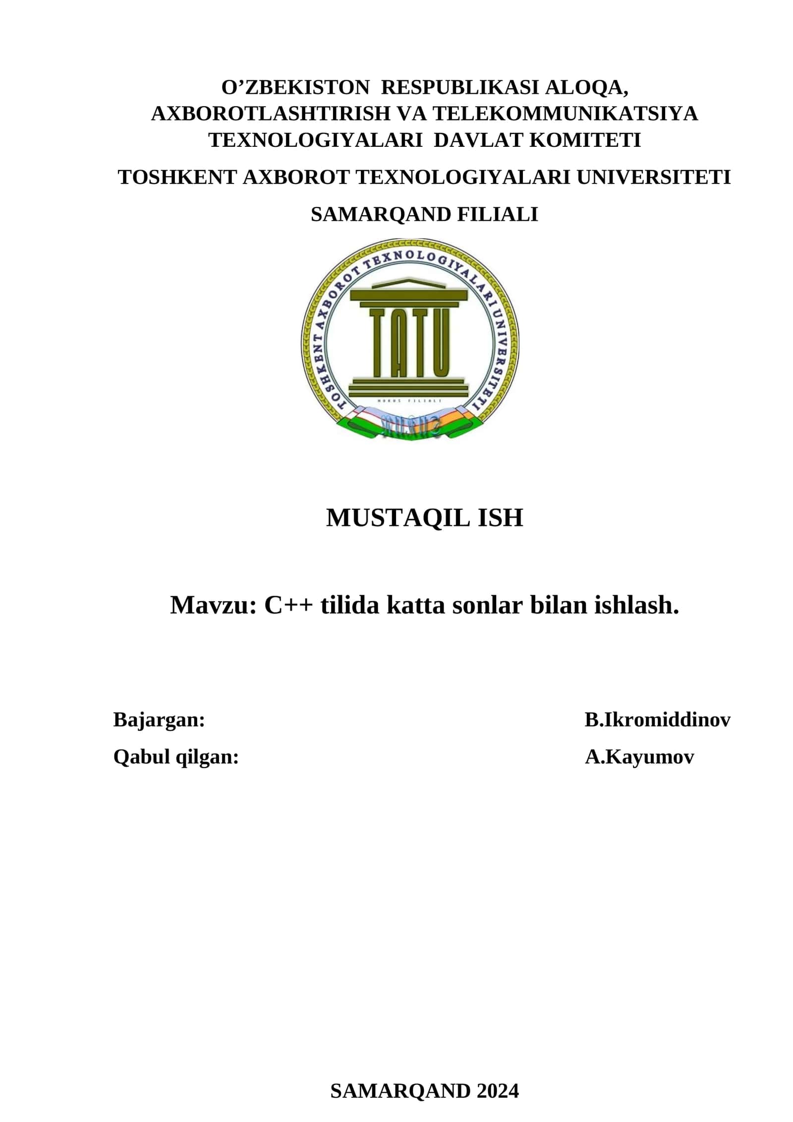 C++ tilida katta sonlar bilan ishlash 1