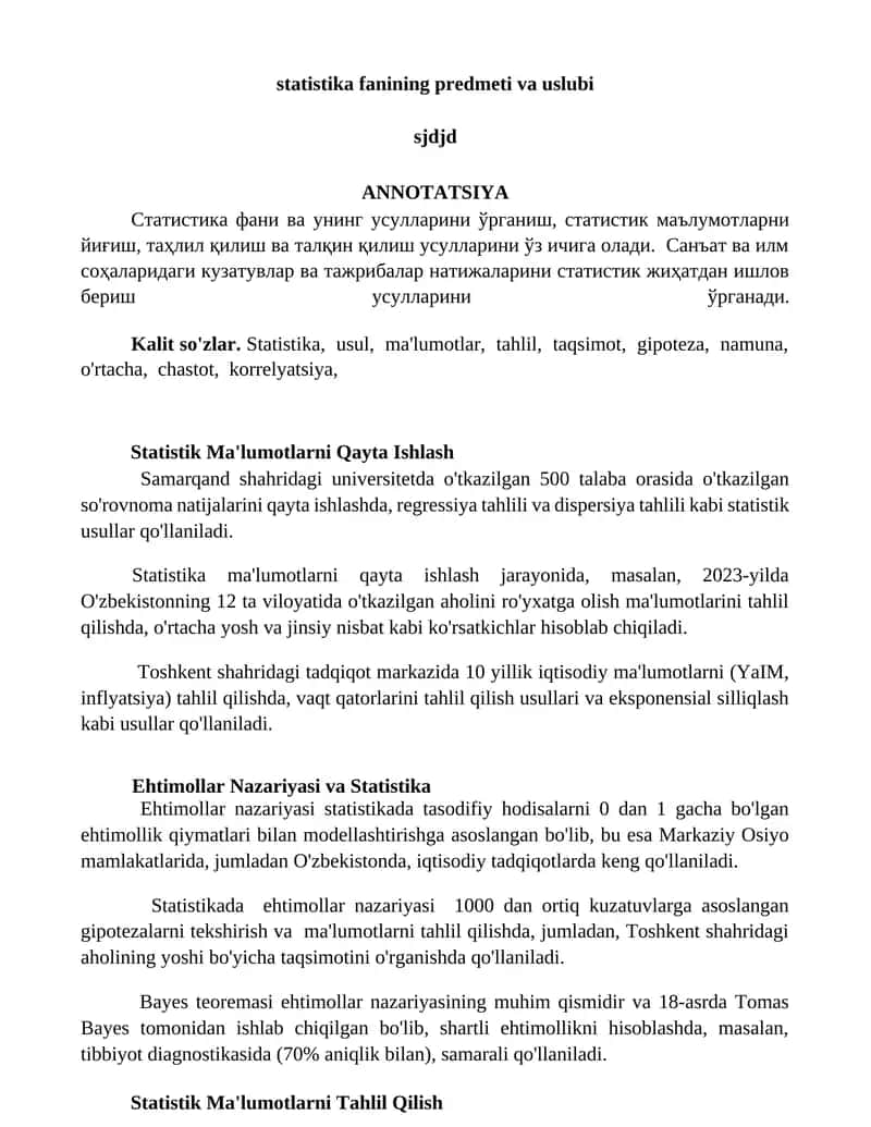 Statistika fanining predmeti va uslubi 1