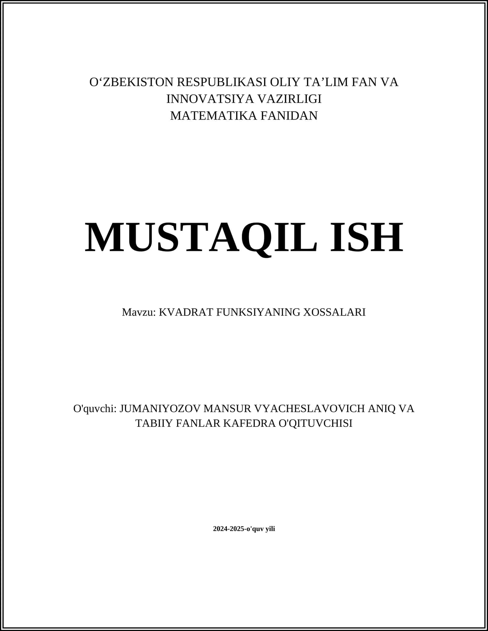 KVADRAT FUNKSIYANING XOSSALARI 1