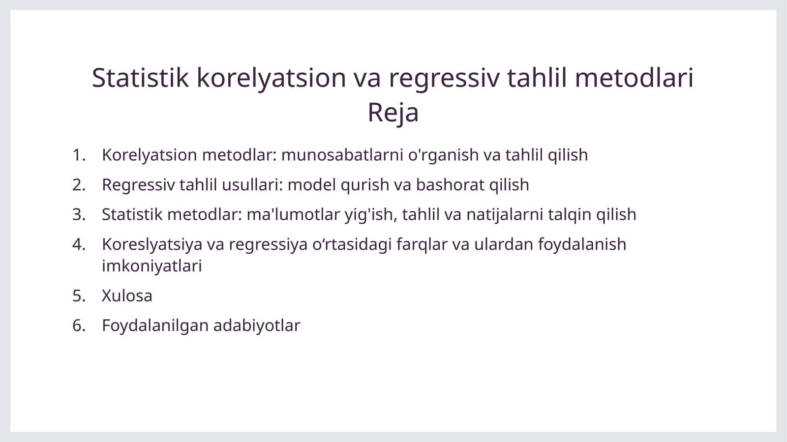 Statistik korelyatsion va regressiv tahlil metodlari 1
