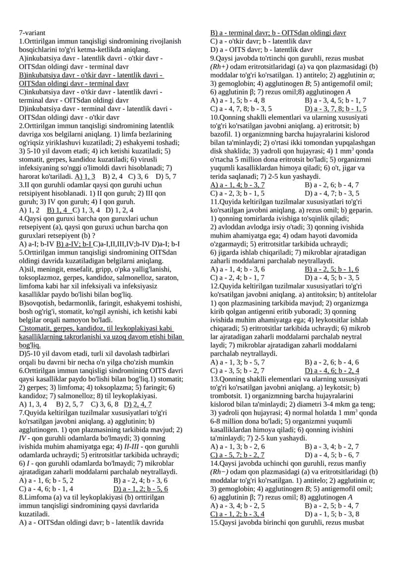 biologiya darsligidan qon mavzusida test javobli 1