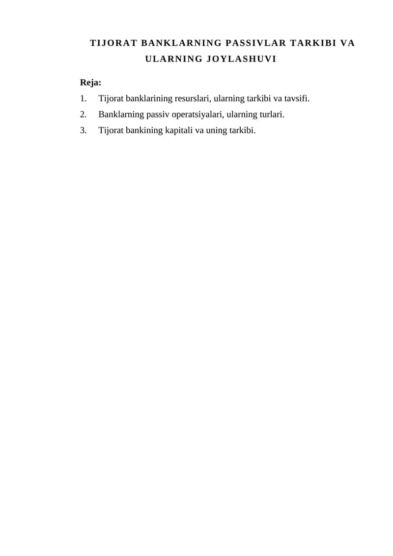 Tijorat banklarining passiv operatsiyalari 1