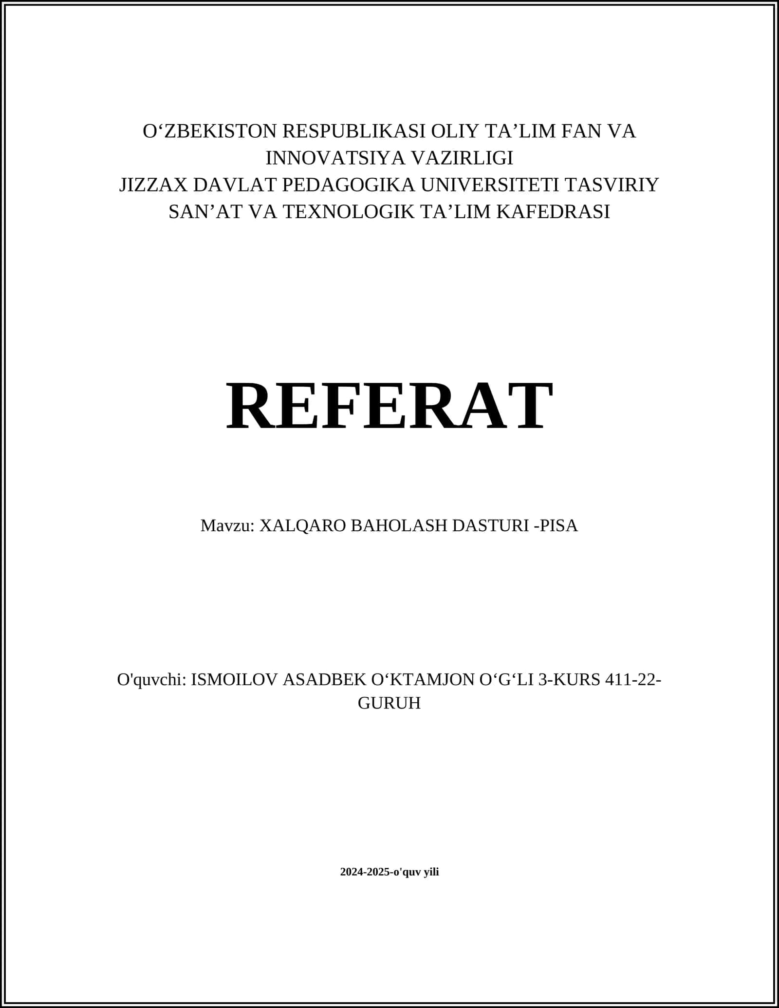 XALQARO BAHOLASH DASTURI -PISA 1