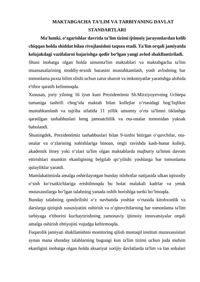 MAKTABGACHA TAʼLIM VA TARBIYANING DAVLAT STANDARTLARI 1