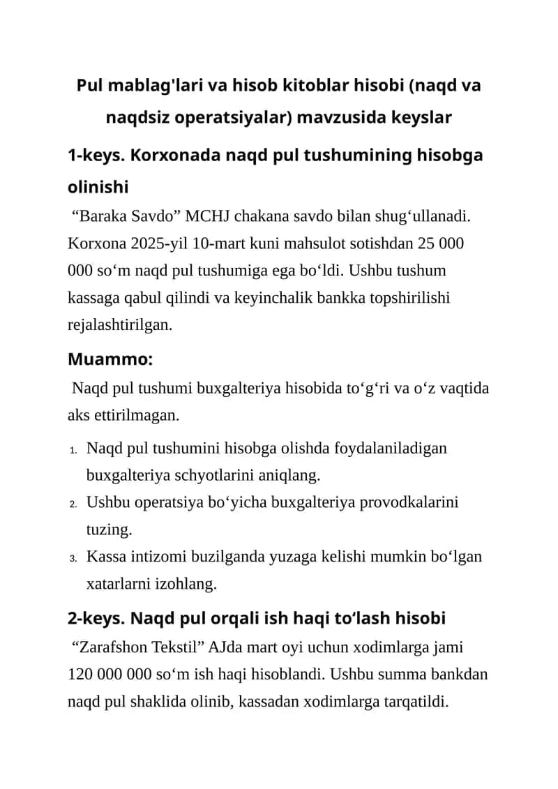 Pul mablag'lari va hisob kitoblar hisobi 1