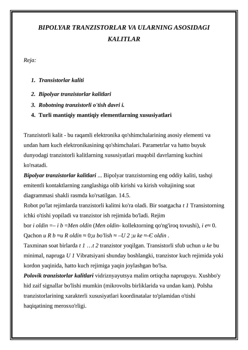 Bipolyar tranzistorlar va ularning asosidagi kalitlar 1