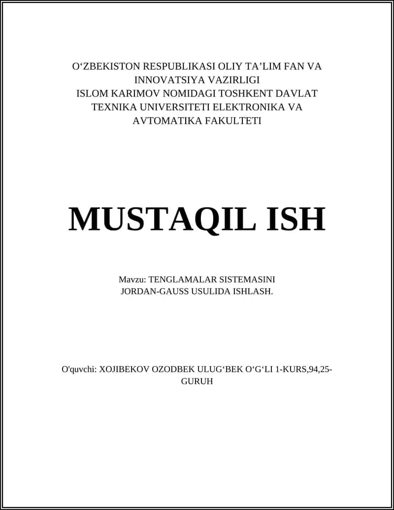 TENGLAMALAR SISTEMASINI JORDAN-GAUSS USULIDA ISHLASH 1