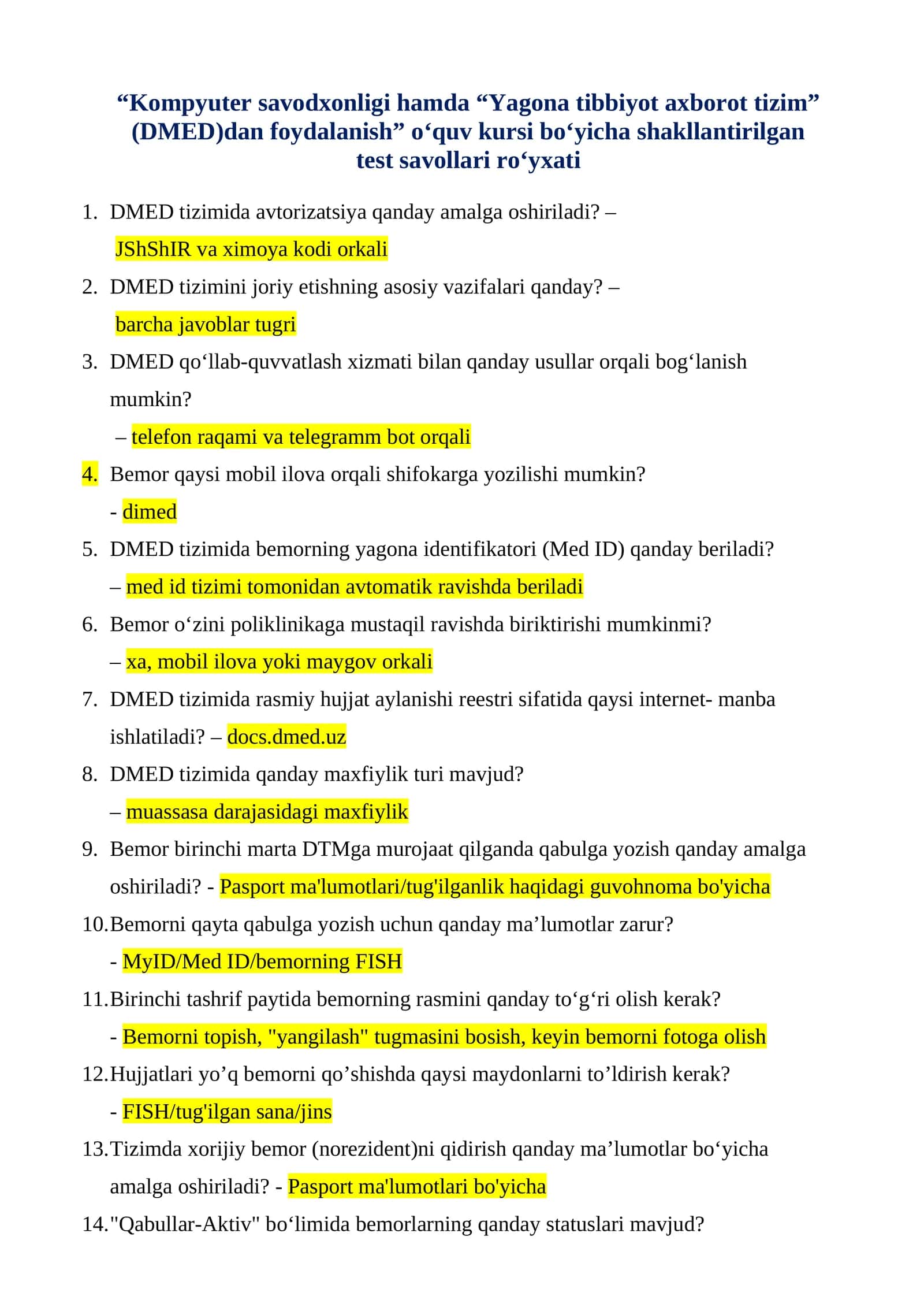2026 DMED hamda Kompyuter savodxonligi test javoblari 1