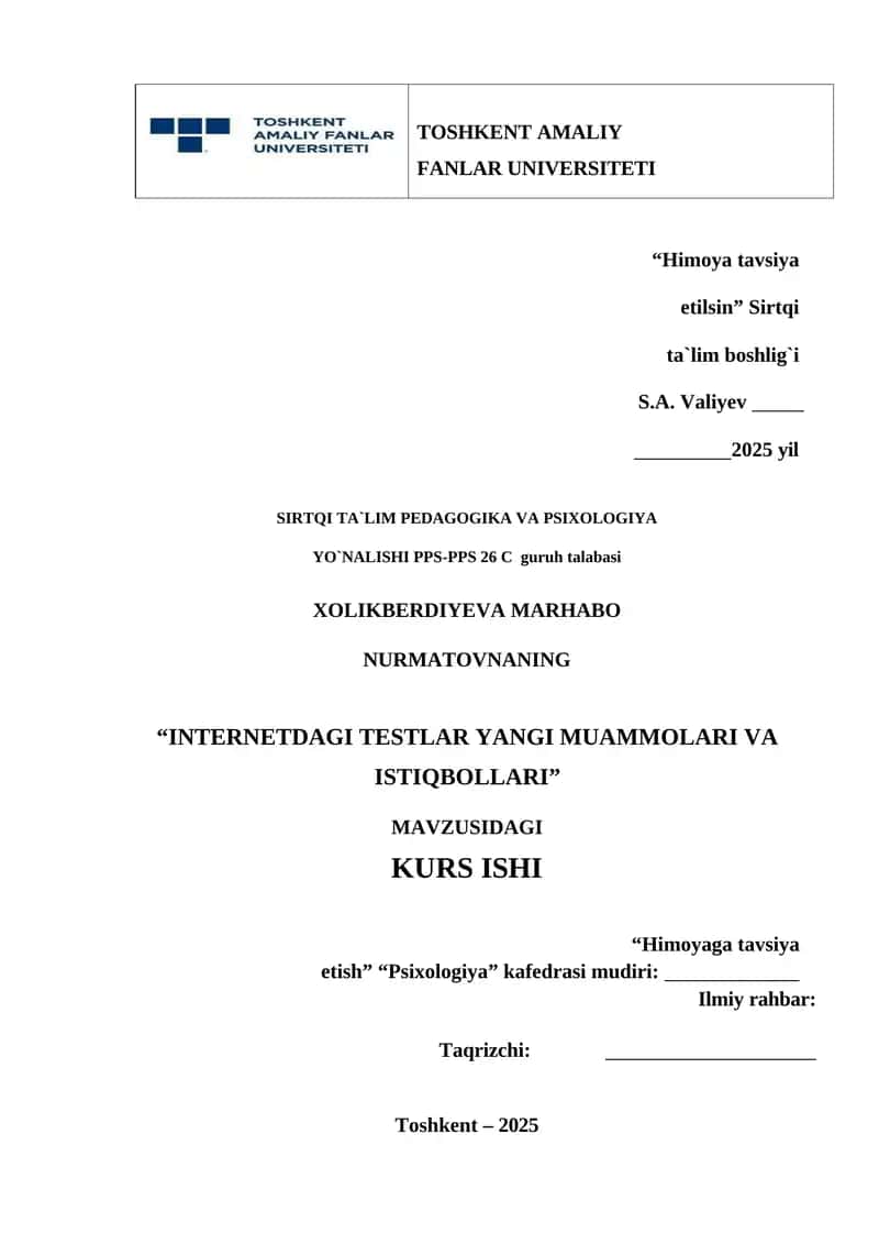 "INTERNETDAGI TESTLAR YANGI MUAMMOLARI VA ISTIQBOLLARI" 1
