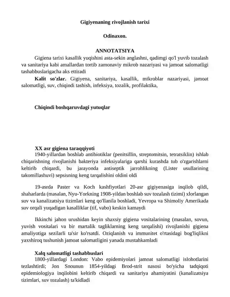 Gigiyenaning rivojlanish tarixi