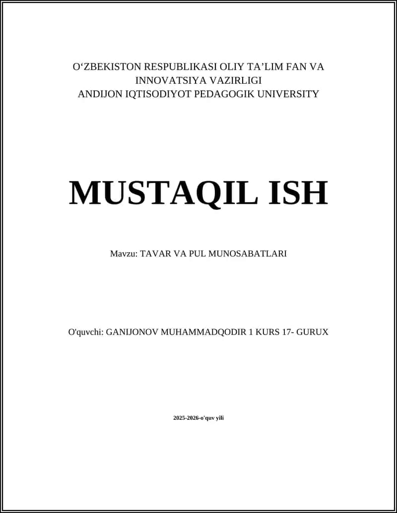 TAVAR VA PUL MUNOSABATLARI 1
