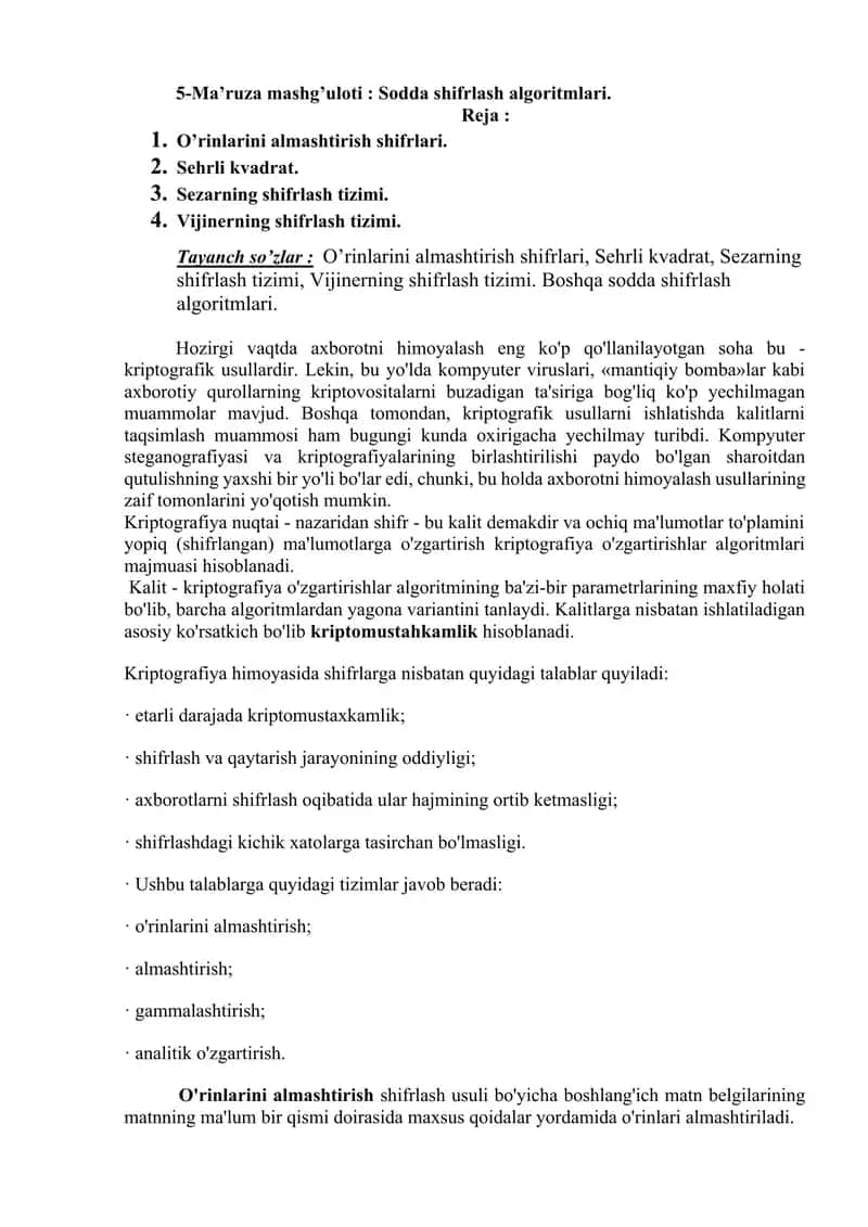 Sodda shifrlash algoritmlari 1