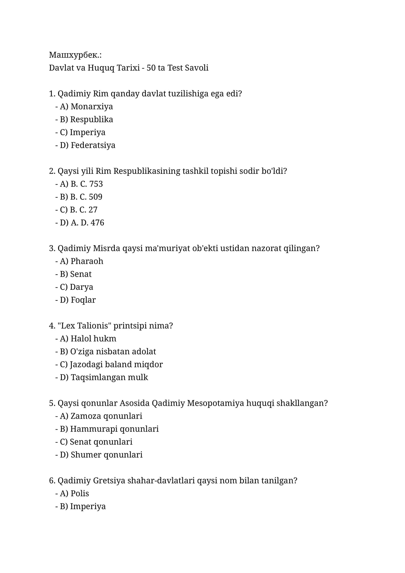 Davlat va Huquq Tarixi - 50 ta Test Savoli 1