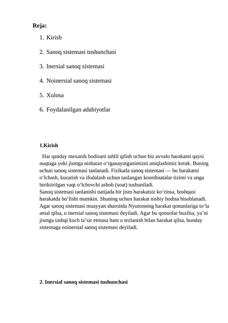 Inersial sanoq sistemasi tushunchasi 1
