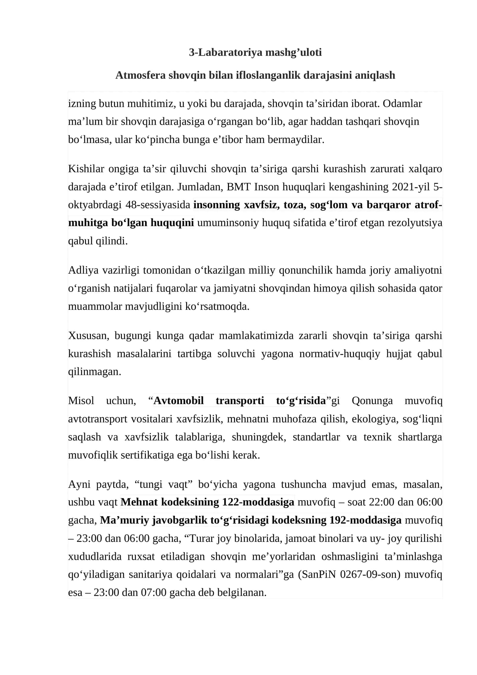 atmosfera shovqin bilan ifloslanganlik darajasini aniqlash haqida maʼlumotlar 1