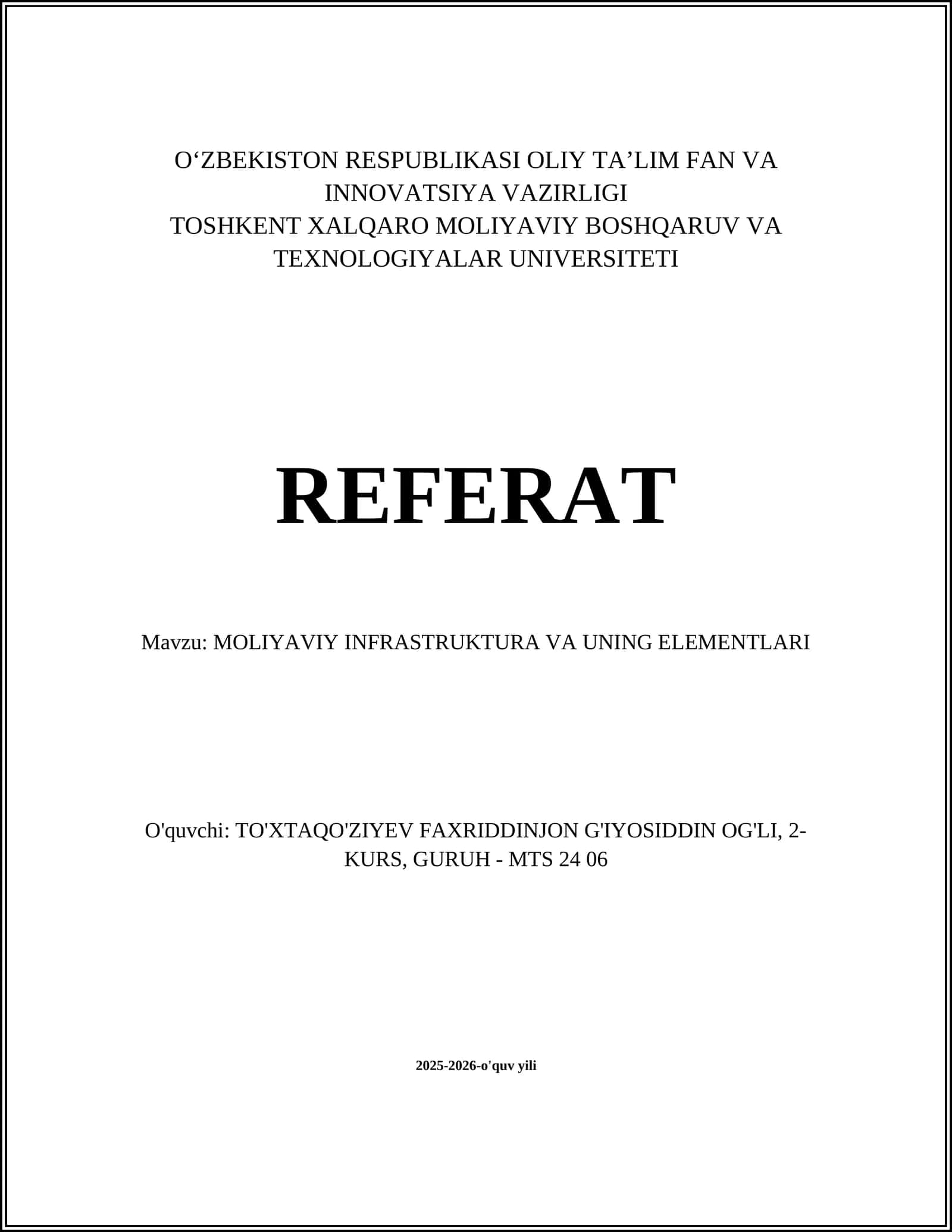 Moliyaviy Infrastruktura va uning elementlari 1