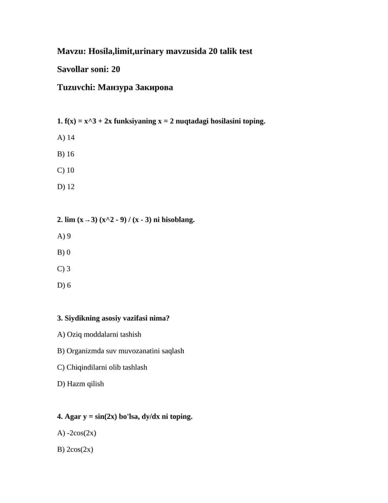 Hosila,limit,urinary mavzusida 20 talik test 1