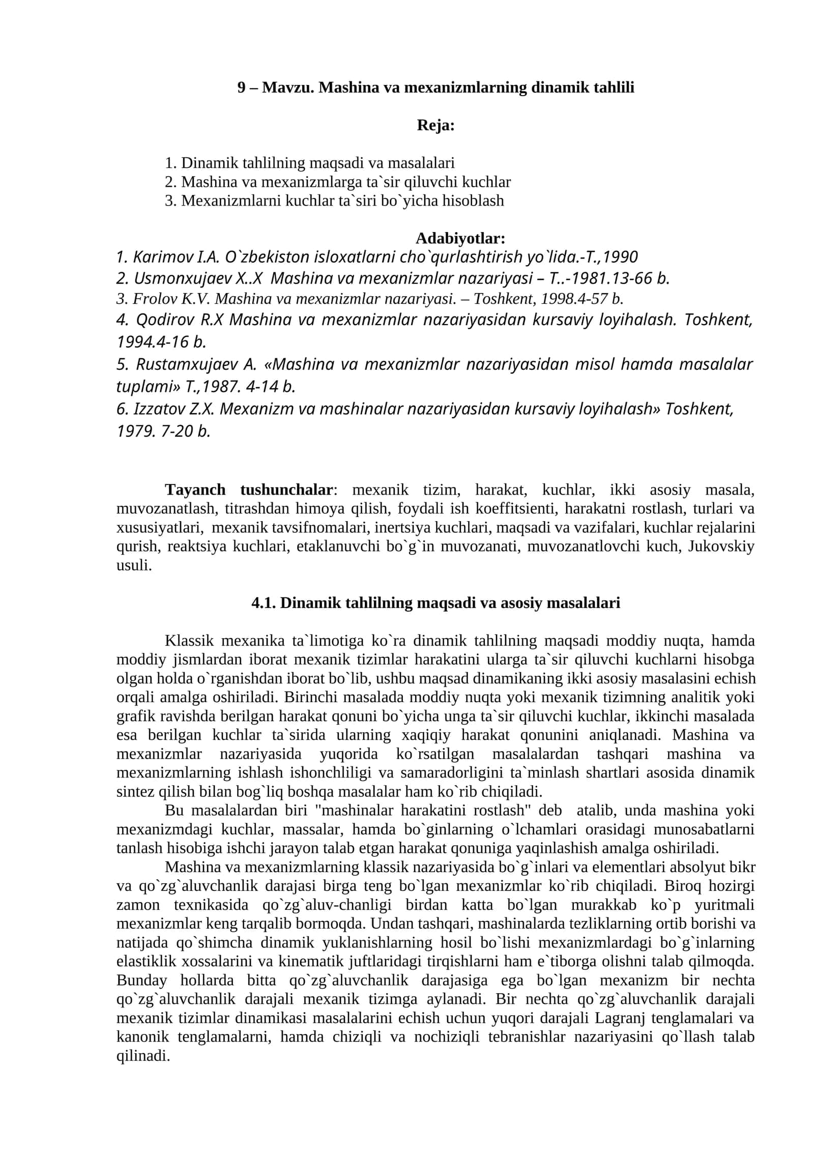Mashina va mexanizmlarning dinamik tahlili 1