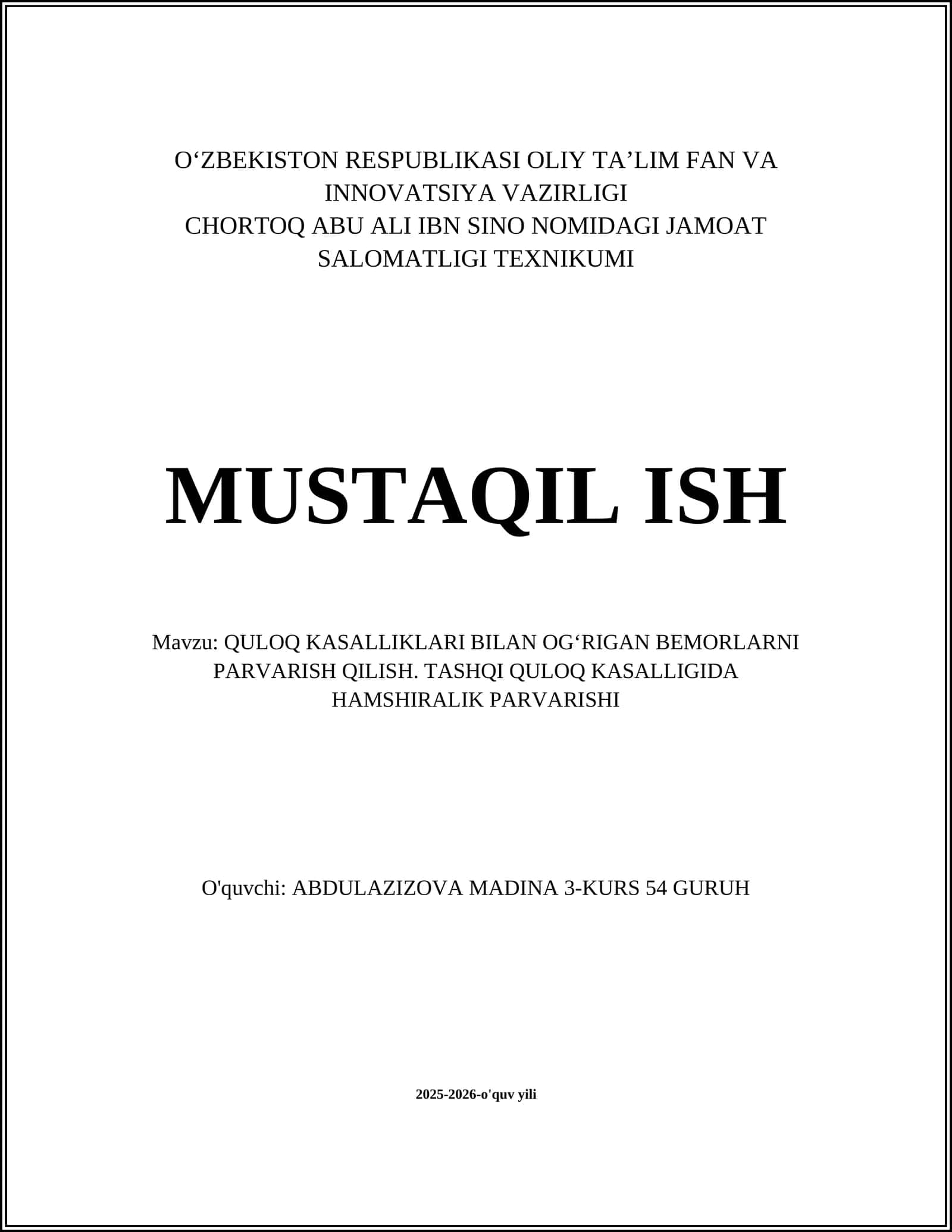 QULOQ KASALLIKLARI BILAN OGʻRIGAN BEMORLARNI PARVARISH QILISH 1